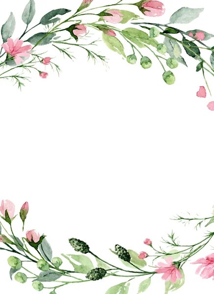 Floral Frame Border Design Watercolor Painting Flowers Leaves — 스톡 사진