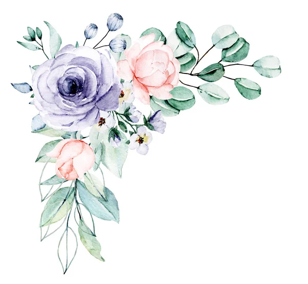 Mooie Waterkleur Rand Frame Concept Met Bloemen Met Hand Geschilderd — Stockfoto