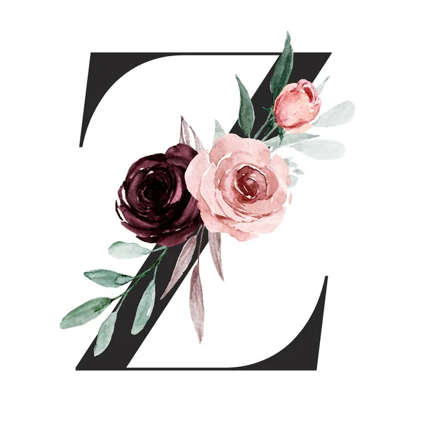 Cute Watercolor Art Painting Letter Flowers Leaves Floral Alphabet White — 스톡 사진