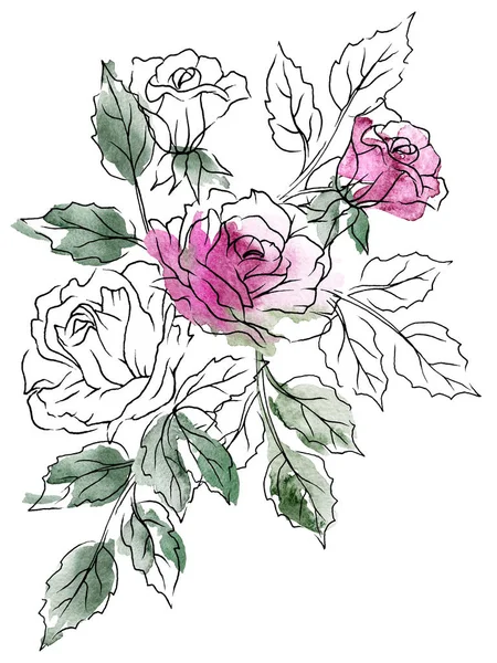 水彩ブーケ花柄のラインアート — ストック写真