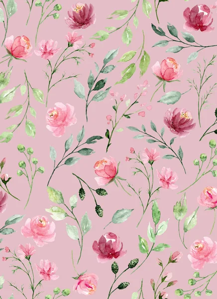 Çiçeksel elementlerle kusursuz suluboya çizimi, arka planı tekrarla