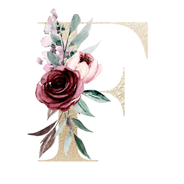 可爱的水彩画 有花和叶子的字母F 白色背景的花卉字母表 — 图库照片