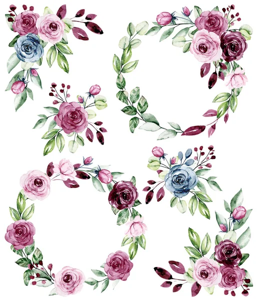 Watercolor Floral Set Flowers Bouquets Wreaths Isolated White — 스톡 사진