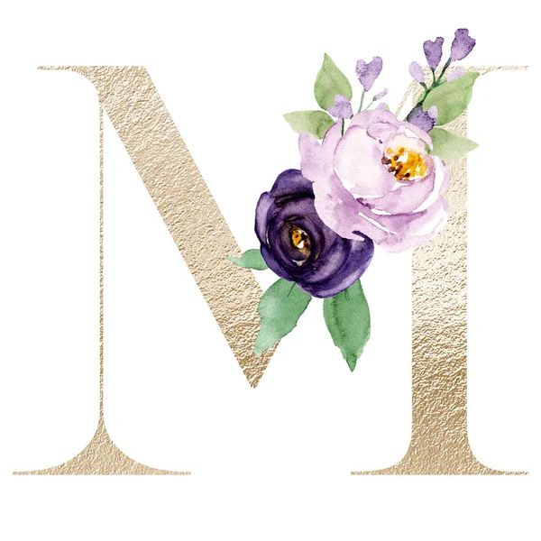 水彩画 花と葉の文字M 花のアルファベット — ストック写真