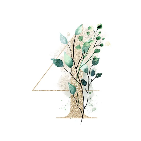 Number Watercolor Flowers Leaves Floral Monogram Hand Drawn Watercolor Painting — Stock Photo, Image