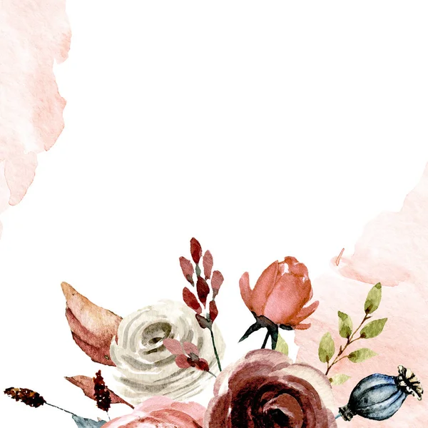 Çiçek Çerçeveli Suluboya Çerçeve Kenarı Yazı Için Elle Boyanmış Beyaz — Stok fotoğraf