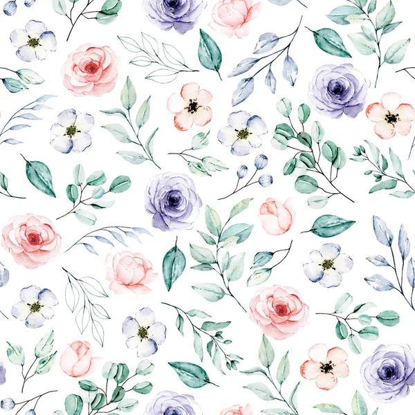 Seamless Background Floral Pattern Watercolor Flowers Repeat Fabric Wallpaper Print — 스톡 사진