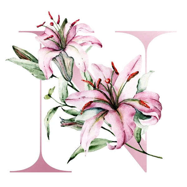 Floral Αλφάβητο Όμορφο Γράμμα Διακοσμημένο Λουλούδια Και Φύλλα Ακουαρέλα Ζωγραφική — Φωτογραφία Αρχείου
