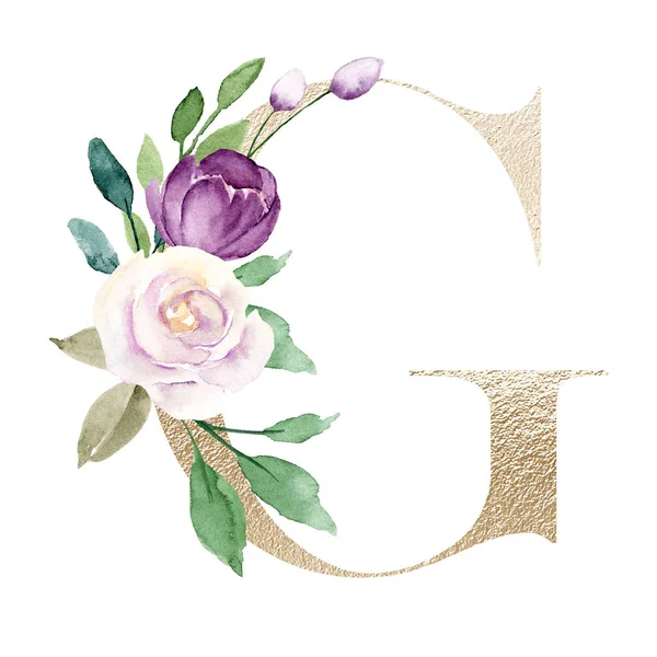 水彩画 花と葉の文字G 花のアルファベット — ストック写真