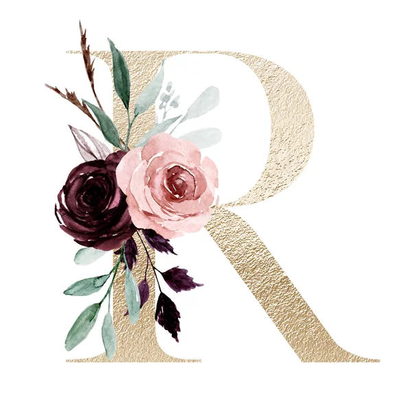cute watercolor art painting, letter R with flowers and leaves, floral alphabet on white background