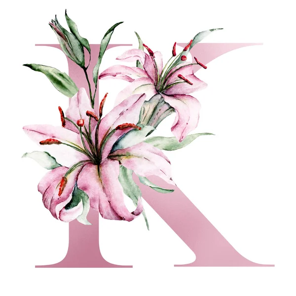 Alfabeto Floral Hermosa Letra Decorada Con Flores Hojas Acuarela Pintura — Foto de Stock