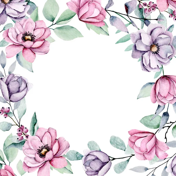 Blommig Ram Gräns Design Med Akvarell Målning Blommor Och Blad — Stockfoto
