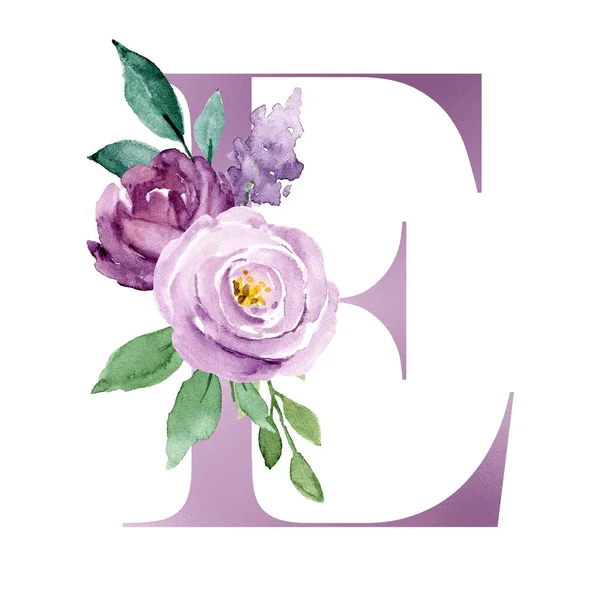 水彩画 花と葉の文字E 花のアルファベット — ストック写真