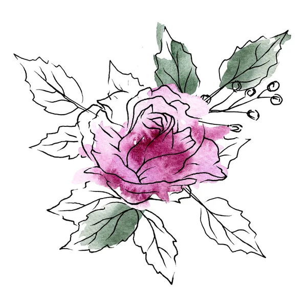 Floral Line Art Watercolor Painting Design Flower Hand Drawn Sketch — 스톡 사진