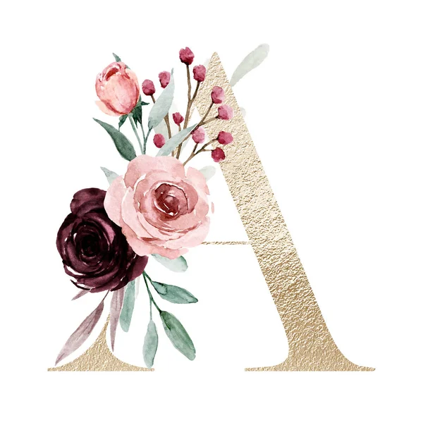 cute watercolor art painting, letter A with flowers and leaves, floral alphabet on white background