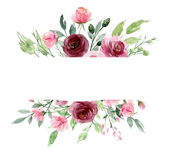 Floral Frame Border Flowers Watercolor Art Painting Greeting Card Template — 스톡 사진