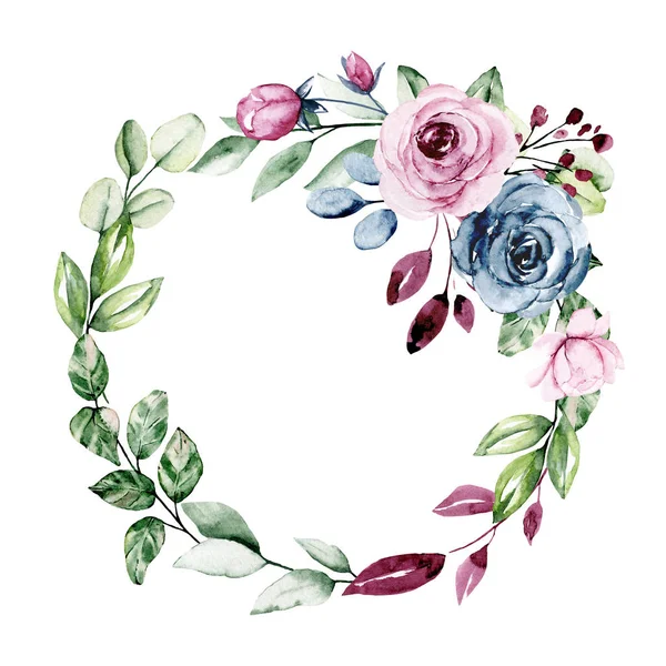Handritning Krans Med Akvarell Blommor Blommig Konst Design — Stockfoto
