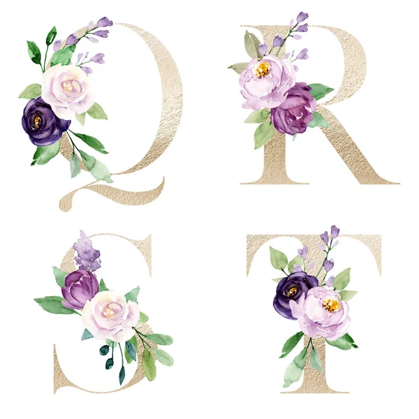 Beautiful Letters Set Flowers Leaves Watercolor Painting Stock ...