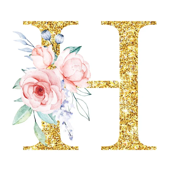 Złoty Alfabet Litera Kwiatami Liśćmi Malarstwo Akwarelowe Monogram Kwiatowy — Zdjęcie stockowe