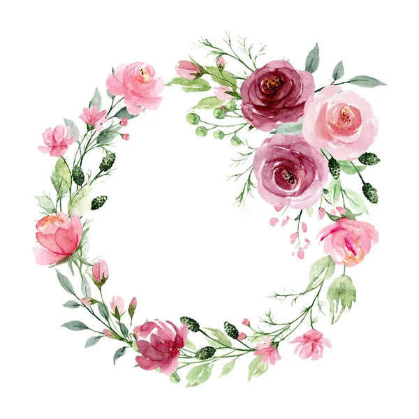 Couronne Avec Des Fleurs Aquarelle Ensemble Floral Pour Carte Vœux — Photo