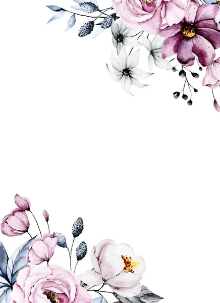 Bloemkader Rand Ontwerp Met Aquarel Schilderen Bloemen Bladeren — Stockfoto