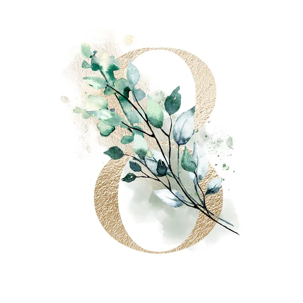 Number Watercolor Flowers Leaves Floral Monogram Hand Drawn Watercolor Painting — 스톡 사진