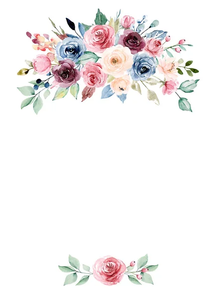 Marco Floral Borde Diseño Con Acuarela Pintura Flores Hojas —  Fotos de Stock