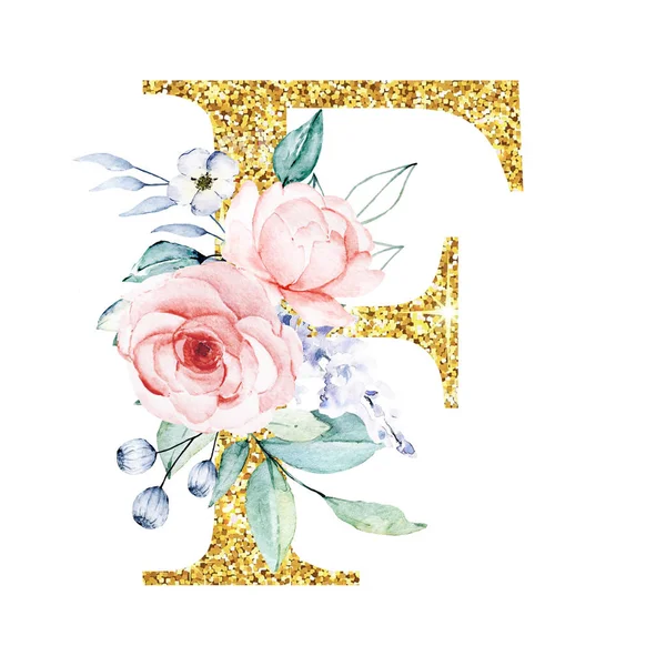 Golden Alphabet Letter Flowers Leaves Watercolor Art Painting Floral Monogram — 스톡 사진