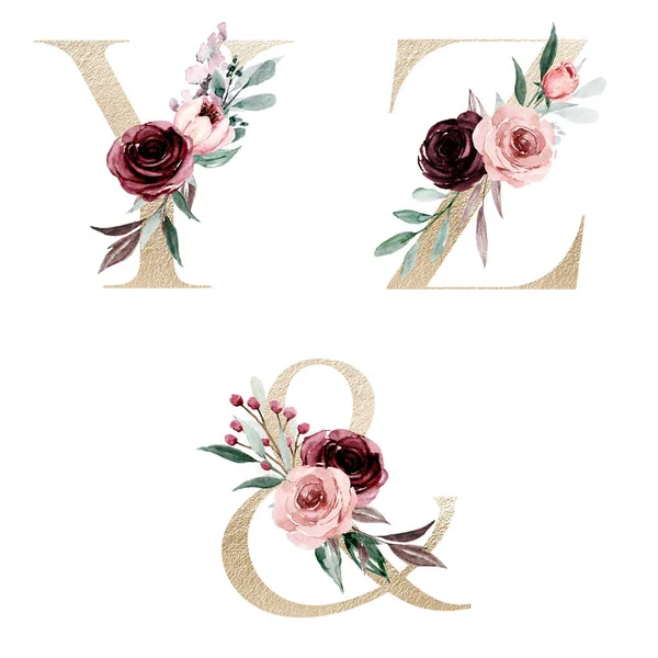Alfabeto Floral Letras Con Símbolo Ampersand Pintura Artística Acuarela Creativa —  Fotos de Stock
