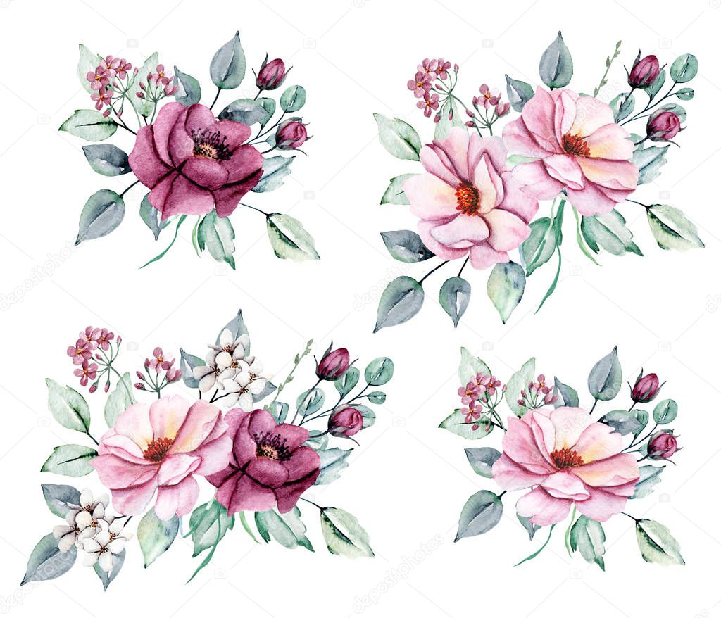 Floral collection with watercolor flowers, set of colorful bouquets