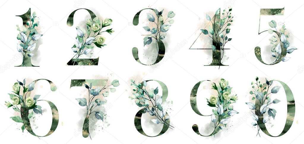 numbers set with watercolor art painting elements on white background