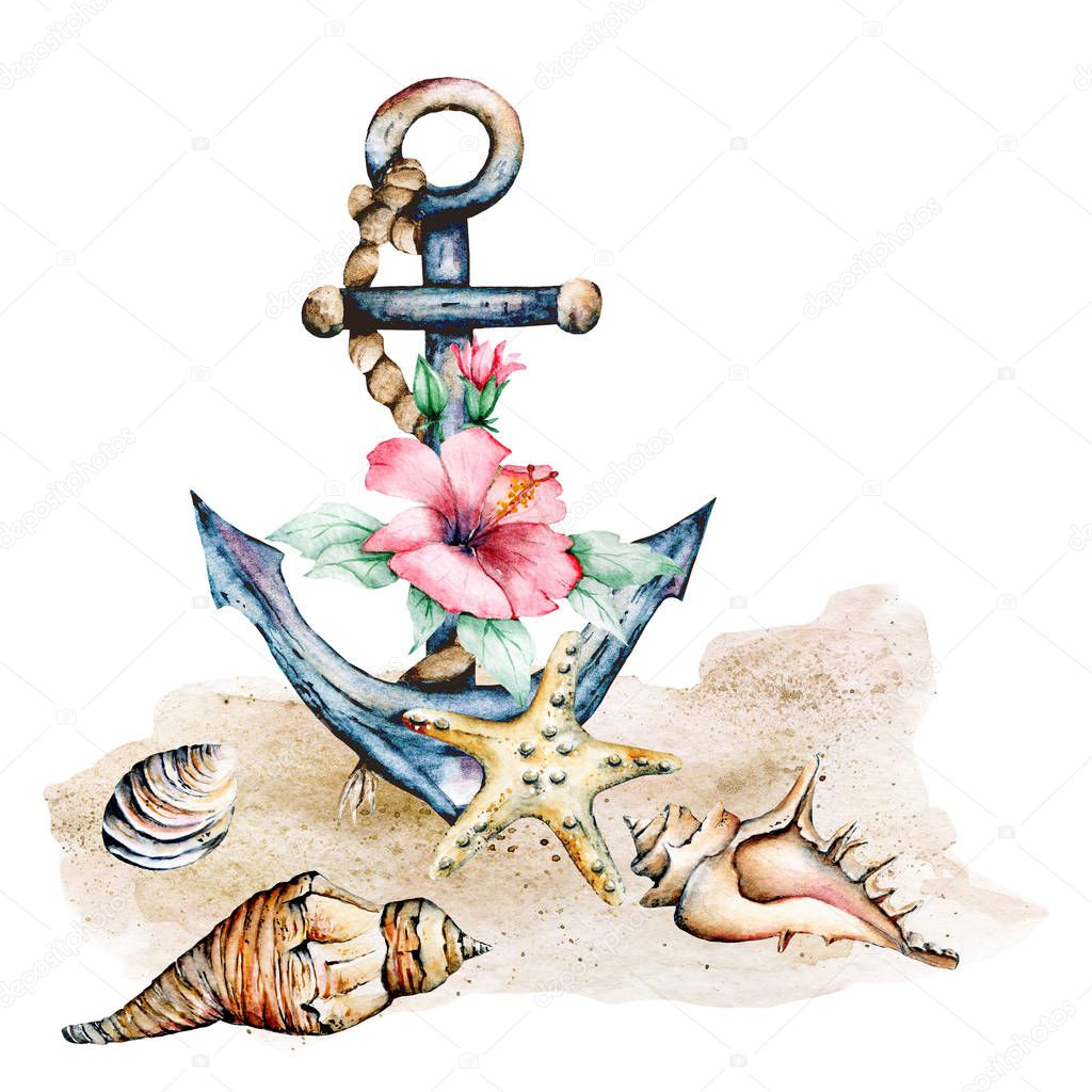 Hand drawn watercolor painting with anchor on white background