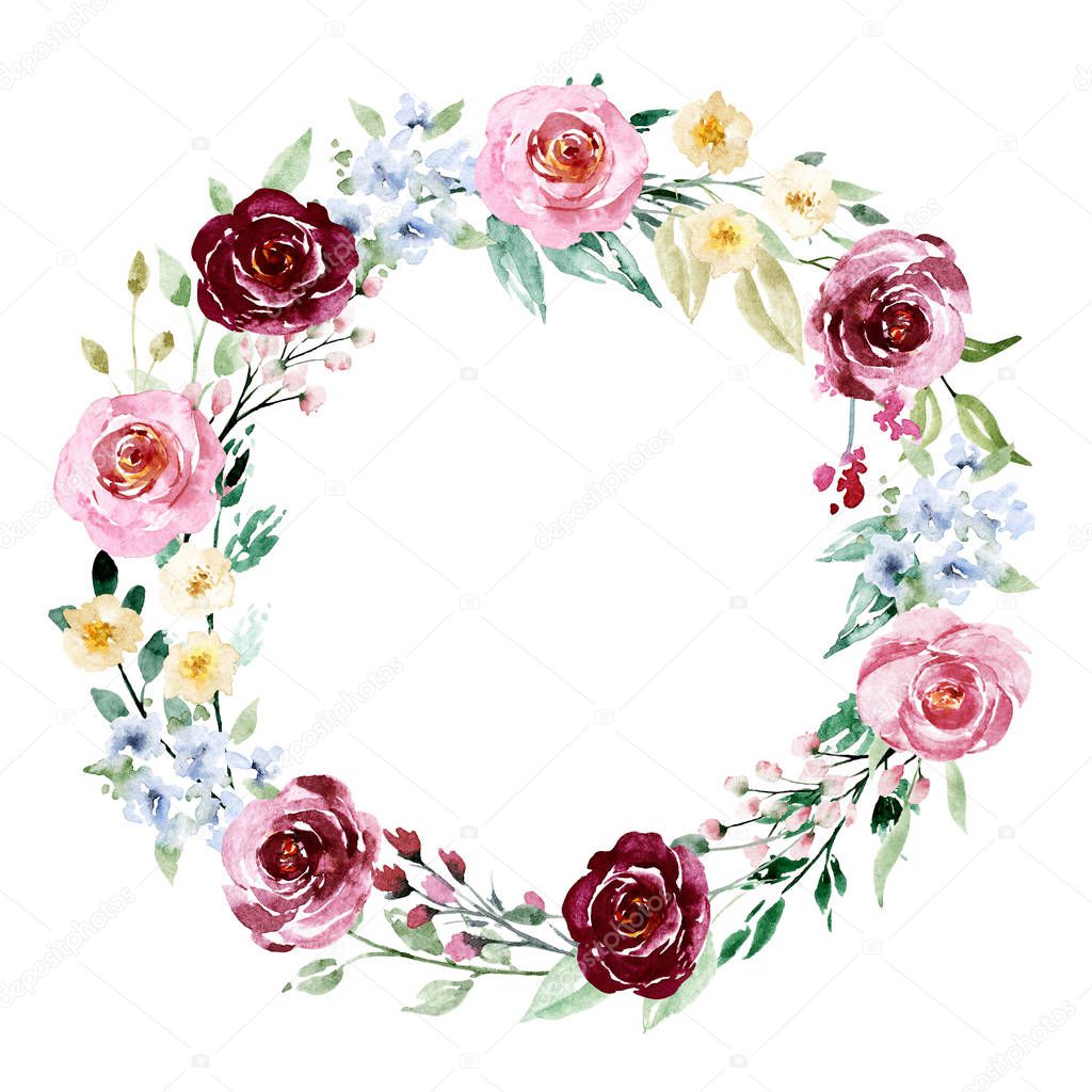 Wreath with watercolor flowers, floral set for greeting card, invitation and other printing design. Isolated on white. Hand drawing.