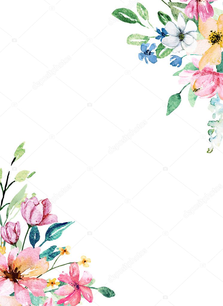 floral frame border design, with watercolor painting flowers and leaves