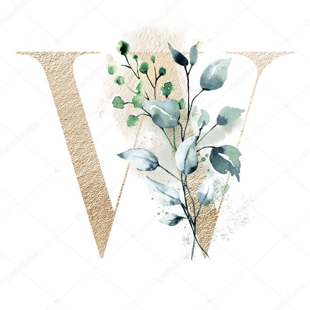 beautiful floral letter W with watercolor flowers and leaves