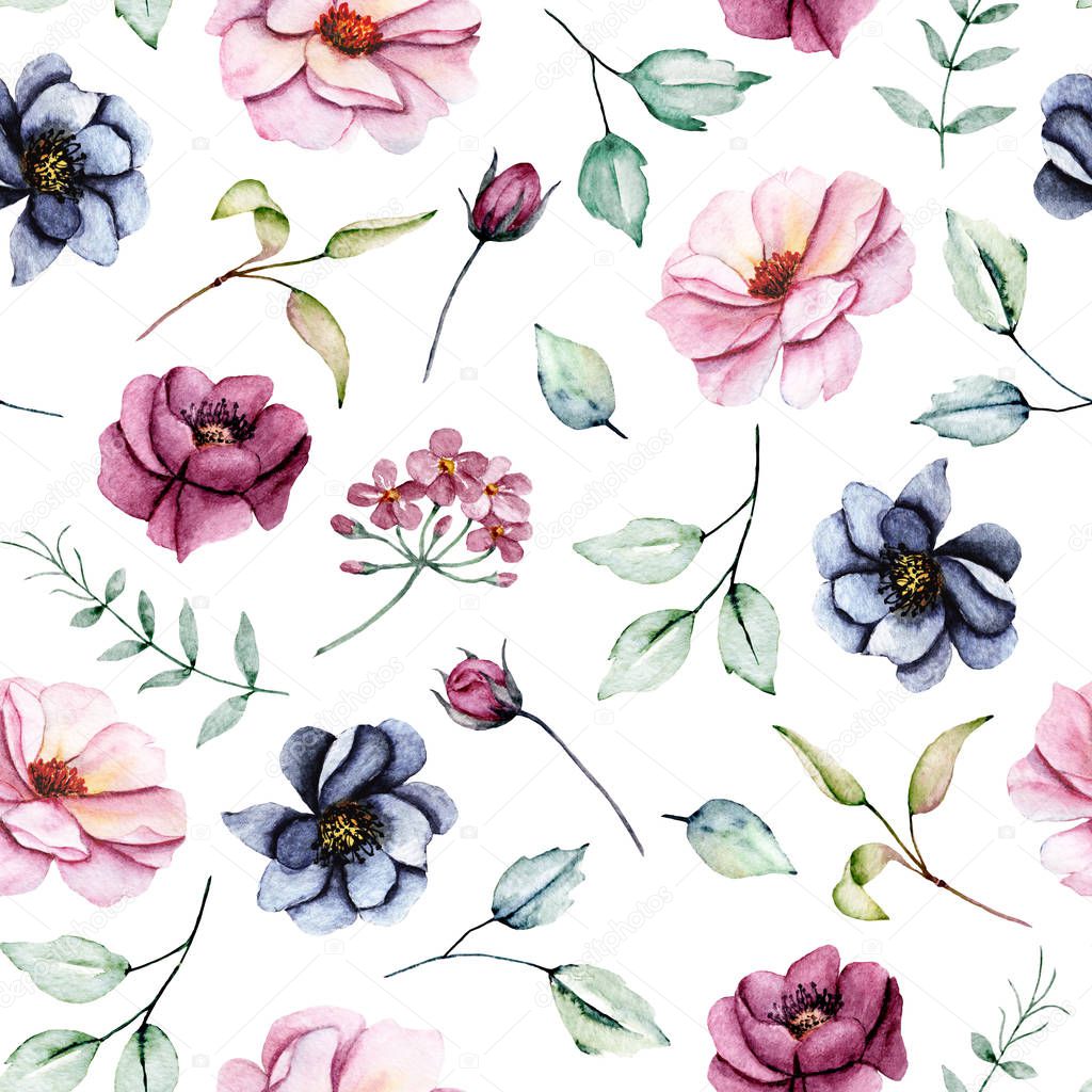 Seamless background, floral pattern with watercolor flowers. Repeat fabric wallpaper print texture