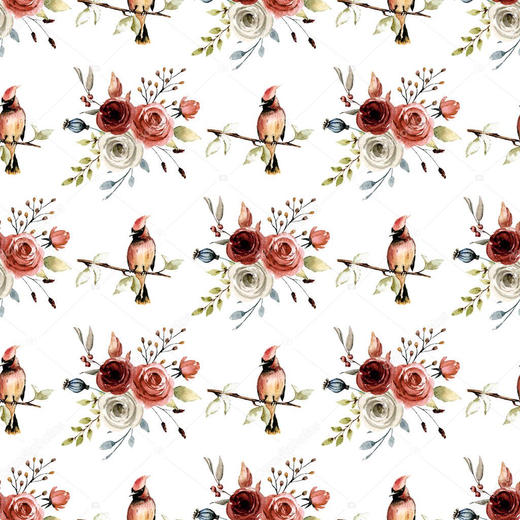 seamless pattern floral concept design, heart with flowers and birds sitting on branches