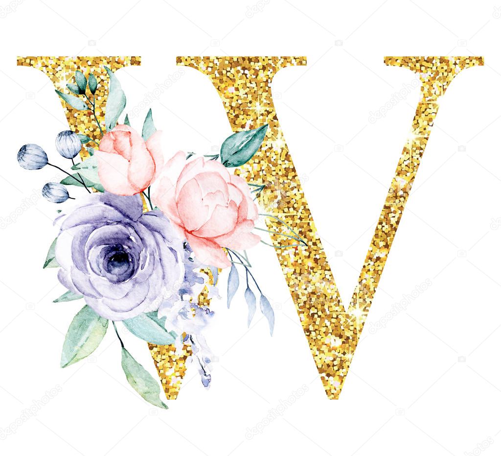 golden alphabet, letter W with flowers and leaves, watercolor art painting, floral monogram