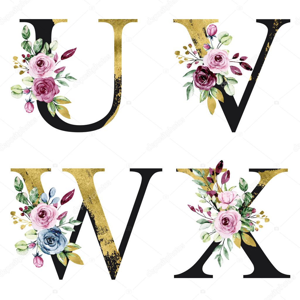floral alphabet, letters U, V, W, X with watercolor flowers, creative art design, monogram initials
