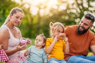 Neşeli aile yaz parkta piknik