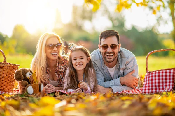 Mutlu aile doğada piknik yapıyor. Gülümseyen aile parkta piknik yapıyor..