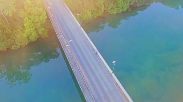 Drone Volando Sobre Puente Carretera Una Pequeña Ciudad Verde — Vídeos de Stock