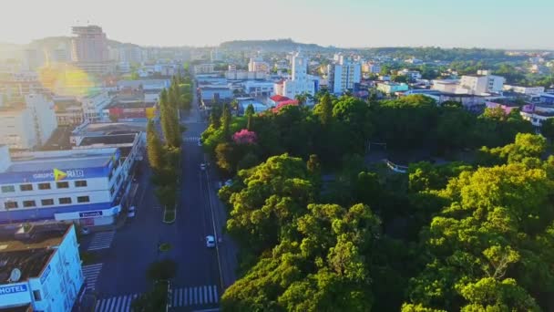 Aérea Ciudad Pequeña Parque Iglesia Católica — Vídeos de Stock