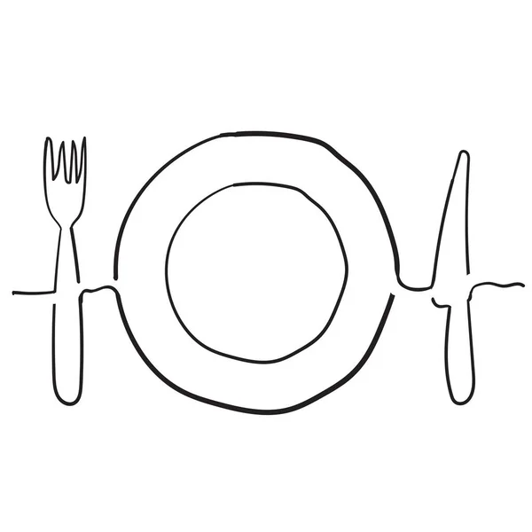 Drawing of plate, knife and fork hand drawn doodle style — Stock Vector