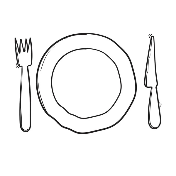 Desenho de placa, faca e garfo desenhado à mão estilo doodle — Vetor de Stock
