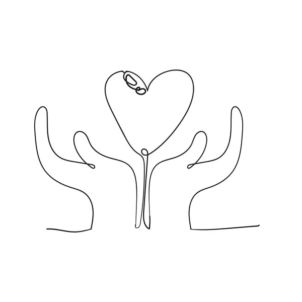 Heart in hand illustration with continuous line drawing doodle handdrawn style vector — 스톡 벡터