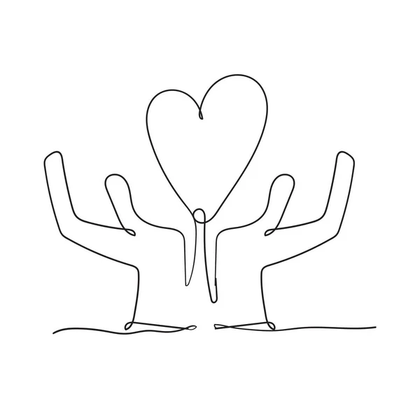 Cuore in mano illustrazione con linea continua disegno doodle stile disegnato a mano vettore — Vettoriale Stock