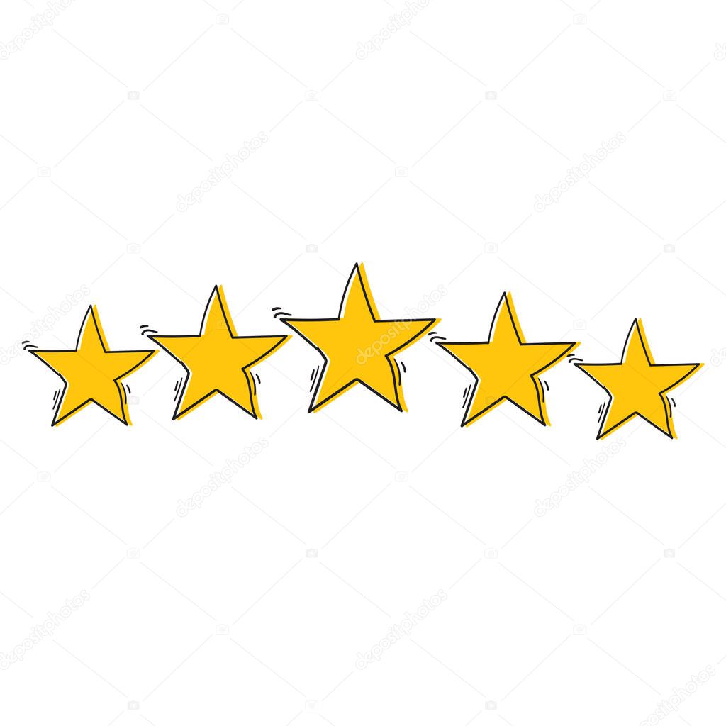 Five stars customer product rating review with hand drawn doodle cartoon style