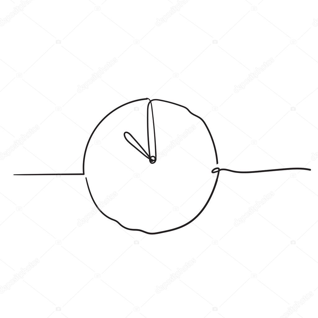 Continuous one line drawing Clock icon with doodle handdrawn style on white background