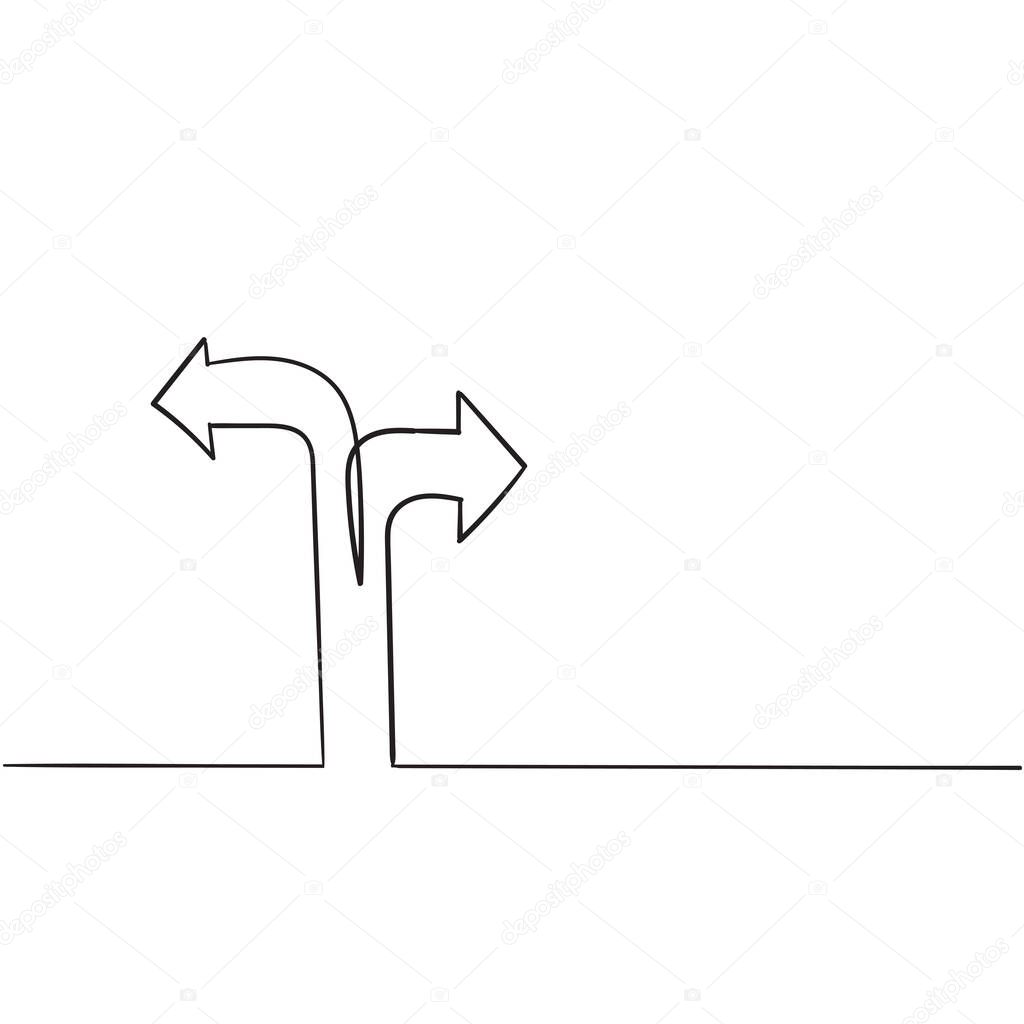 One continuous line drawing of road sign arrows isolated on white background handdrawn style